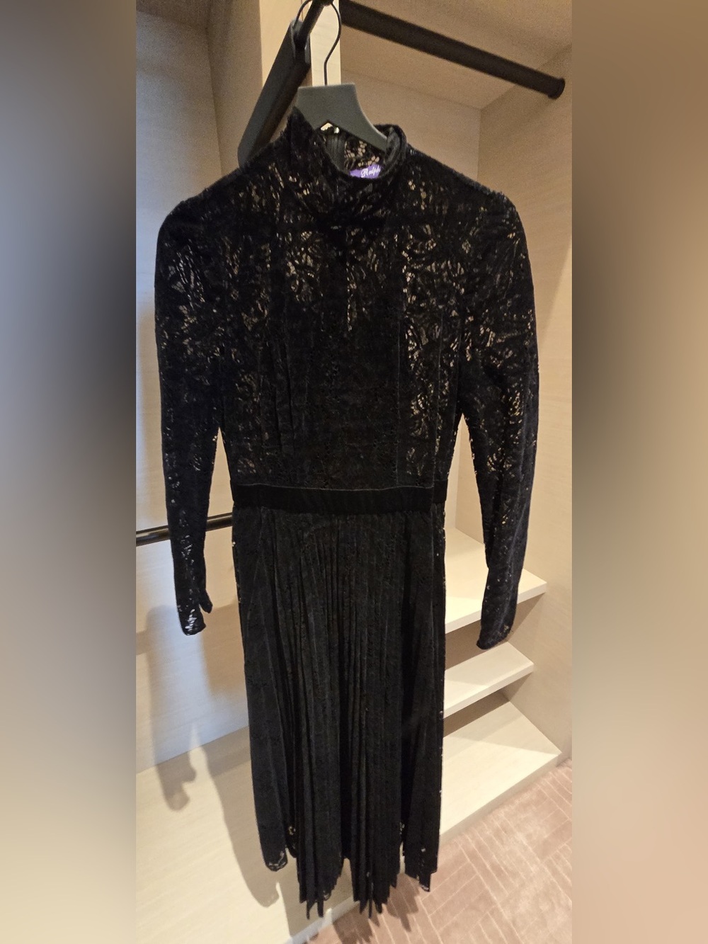 Ralph Lauren Purple Label Black Velvet Lace-Overlay Midi Dress